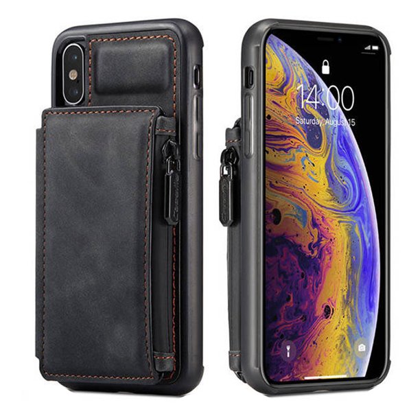 PU Leather Zipper Card Holder Wallet Back Case Cover For Apple iPhone X (10) / iPhone XS Black