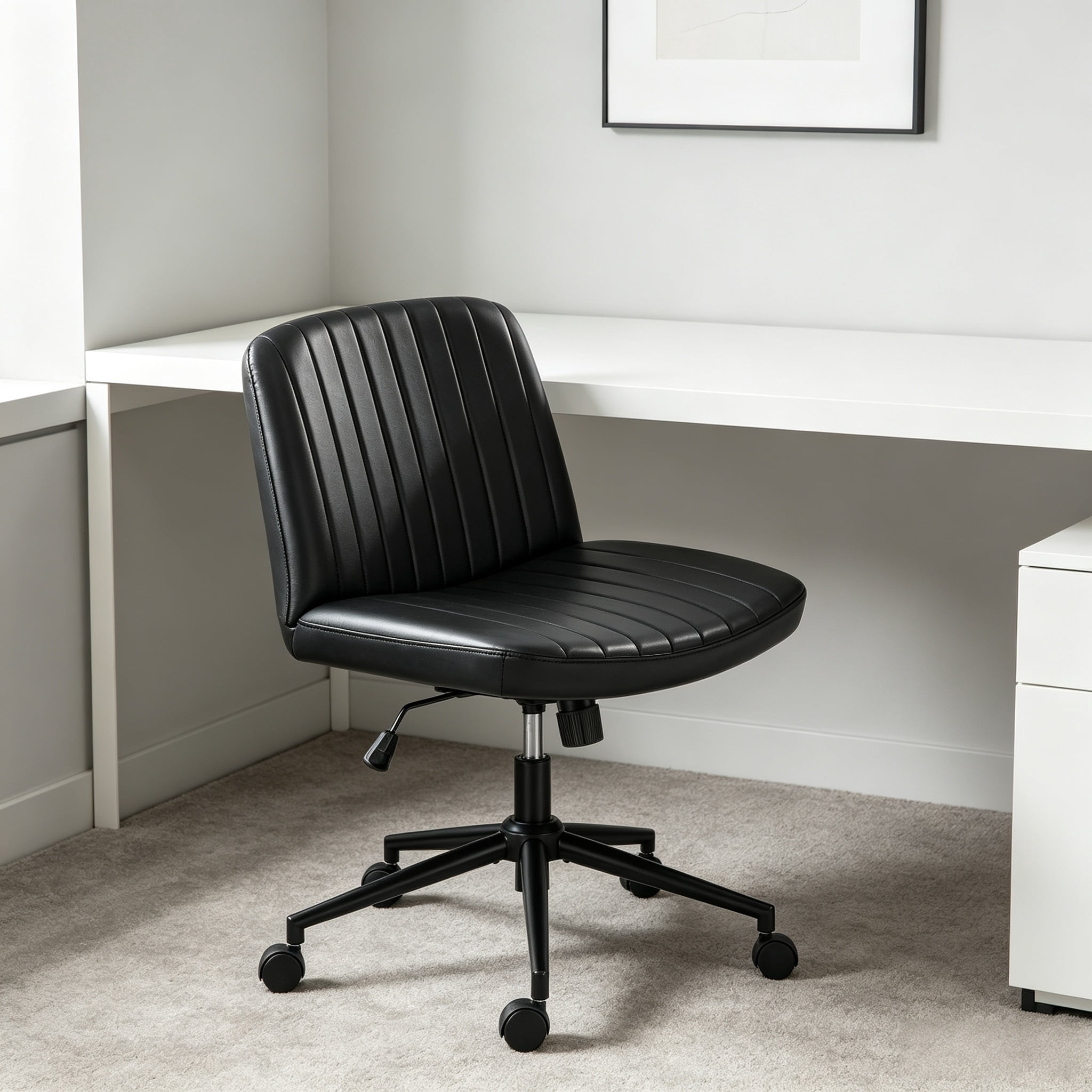 Office Desk and Vanity Chair, Armless Cross-Legged Swivel Task Chair with Wide Fabric Seat, Height Adjustment, and Replaceable Wheels or Fixed Base