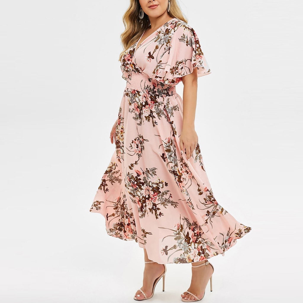 Aimik Party Dress Plus Size Long Dress Women Casual Short Sleeve Cold Shoulder Boho Flower Print