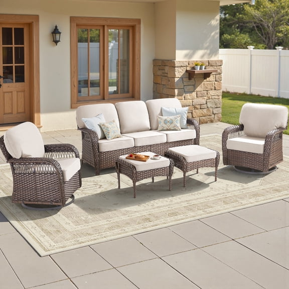 5 Piece Outdoor Wicker Furniture Sets,Patio All Weather Cushioned Conversation Sets with Swivel Rokcing Chairs and Ottomans for Backyard Porch Garden,Beige