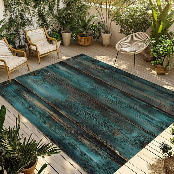 Fsddascl Teal Brown Plank Prints Outdoor Rug for Patio/Deck/Porch, Non-Slip Large Area Rug 4 x 6 Ft, Farmhouse Vintage Wooden Grain Indoor Outdoor Rugs Washable Area Rugs, Camping Rug Carpet