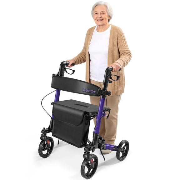 KEKOY Walkers for Seniors Foldable Mobility Rollator with Seat 350 lb, Adjustable Handles and Backrest Height, Adult Aluminum Rolling Walker, 8" Big Wheels, Purple