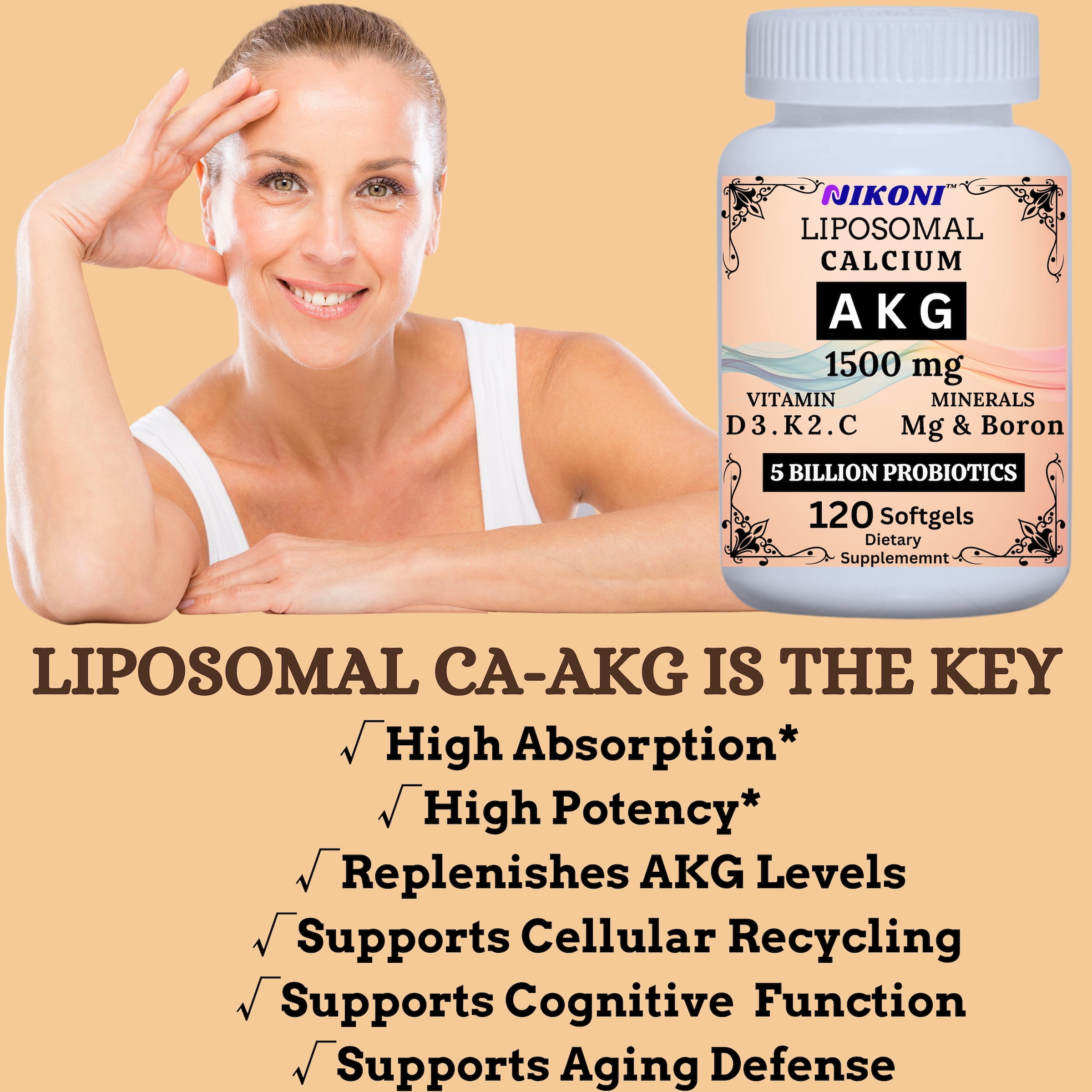 Nikoni Liposomal Calcium AKG Supplement with Vitamins D3, K2, Magnesium & Probiotics Supports Bone and Joint Health 480 Softgels