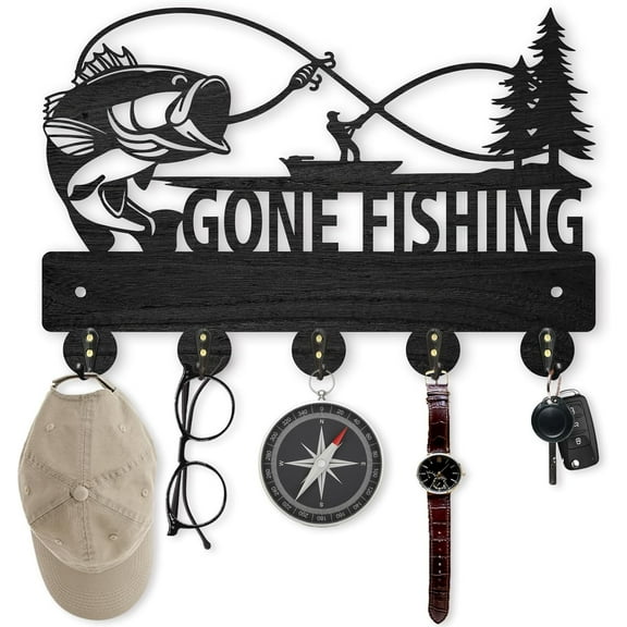 Fish Coat Hooks Wall Mounted 11.8×8inch Gone Fishing Key Holder Wood Wall Coat Rack 5 Alloy Hooks Hat Rack Home Art Decor Wall Hooks