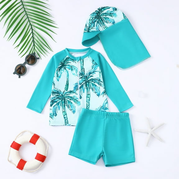 Baby Boys Swimwear Set Tropical Print Swim Trunks Rash Guard Hat 3 Piece Outfit For Beach Pool Toddler 0 3 Years Summer Bathing Suit