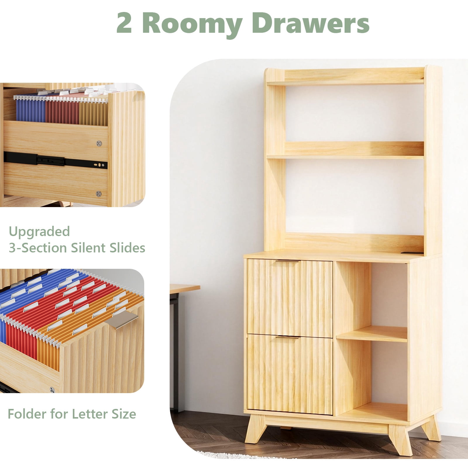 Ktaxon Wood 2 Drawer File Cabinet with Adjustable Shelves Charging Station Dresser Office Cabinet, Filing Cabinet with Socket, Printer Stand with Storage Shelves for Home Office Study