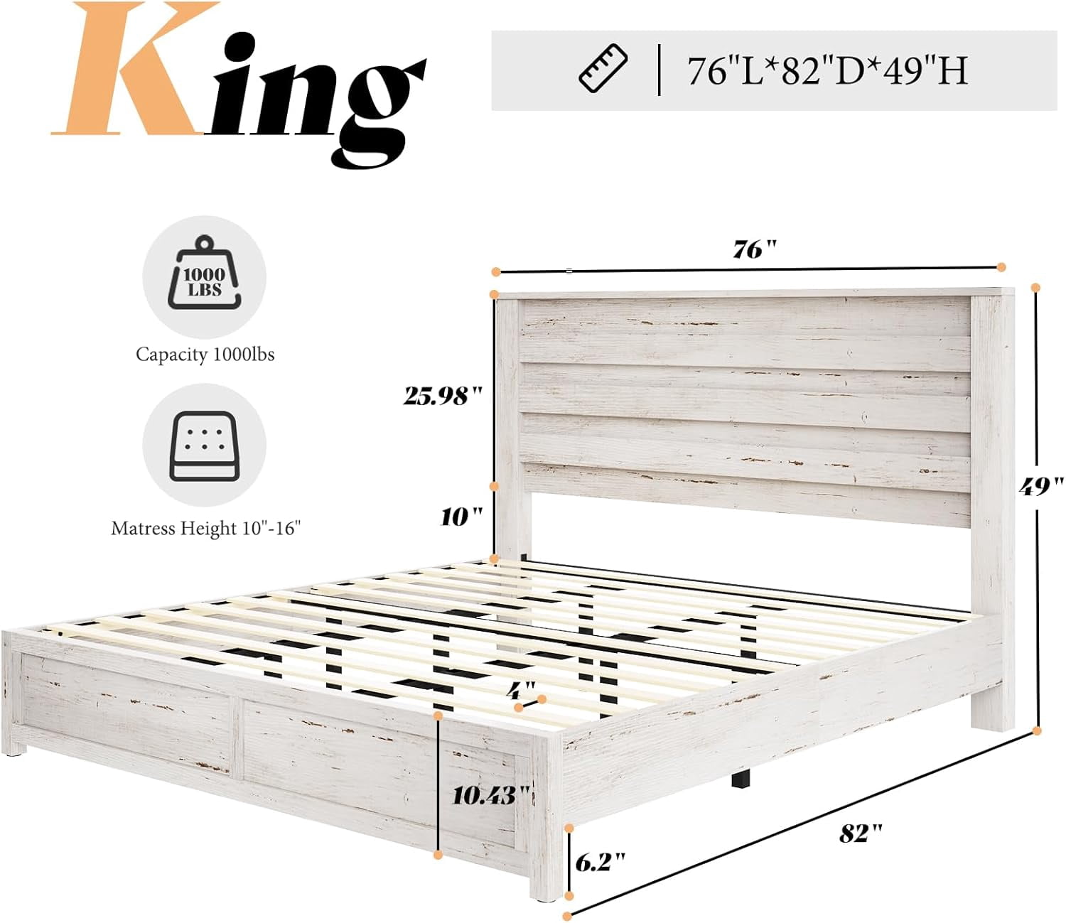 Merluxy Farmhouse King size Bed Frame with 49" Scalloped Headboard, with Natural Woodgrain Finish, No Boxspring/No Noise, Distressed White