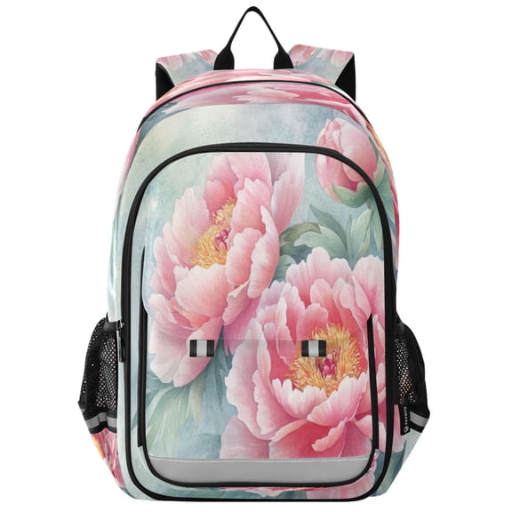 Flip-Top Backpack 17L Capacity Lightweight Bookpack Reflective Safety Strips & Adjustable Chest Strap Pink Peony Flowers