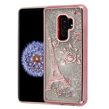 Electroplating Quicksand Glitter Transparent Case for Samsung Galaxy S9 Plus - Eiffel Tower Rose