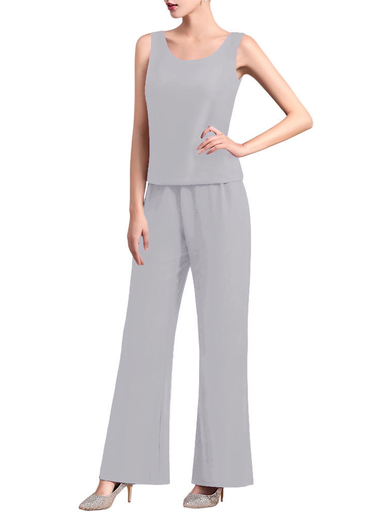 Linjinx Women's Wedding Guest Pant Suit 3 Piece Mother of Bride Dress Sets Plus Size Cocktail Party Gown Gray 2XL