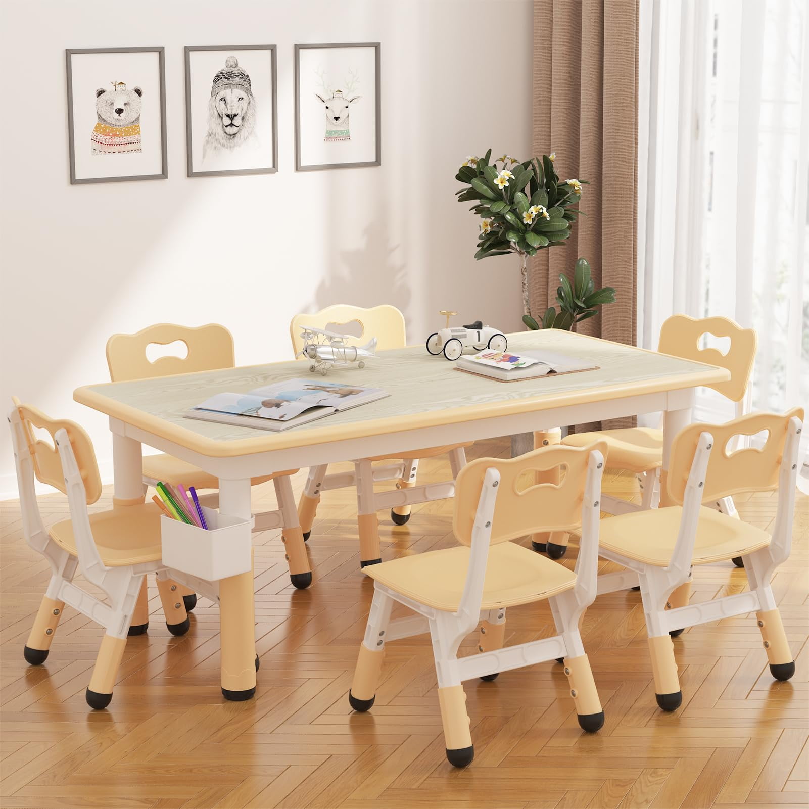 TROPOW Toddler Table and 6 Chairs Set with Graffiti Desktop,Height Adjustable Kids Table and Chairs Set,Non-Slip Legs,Kids Activity Table for Home,Nursery,for Age 2-10,Christmas Gifts for Kids