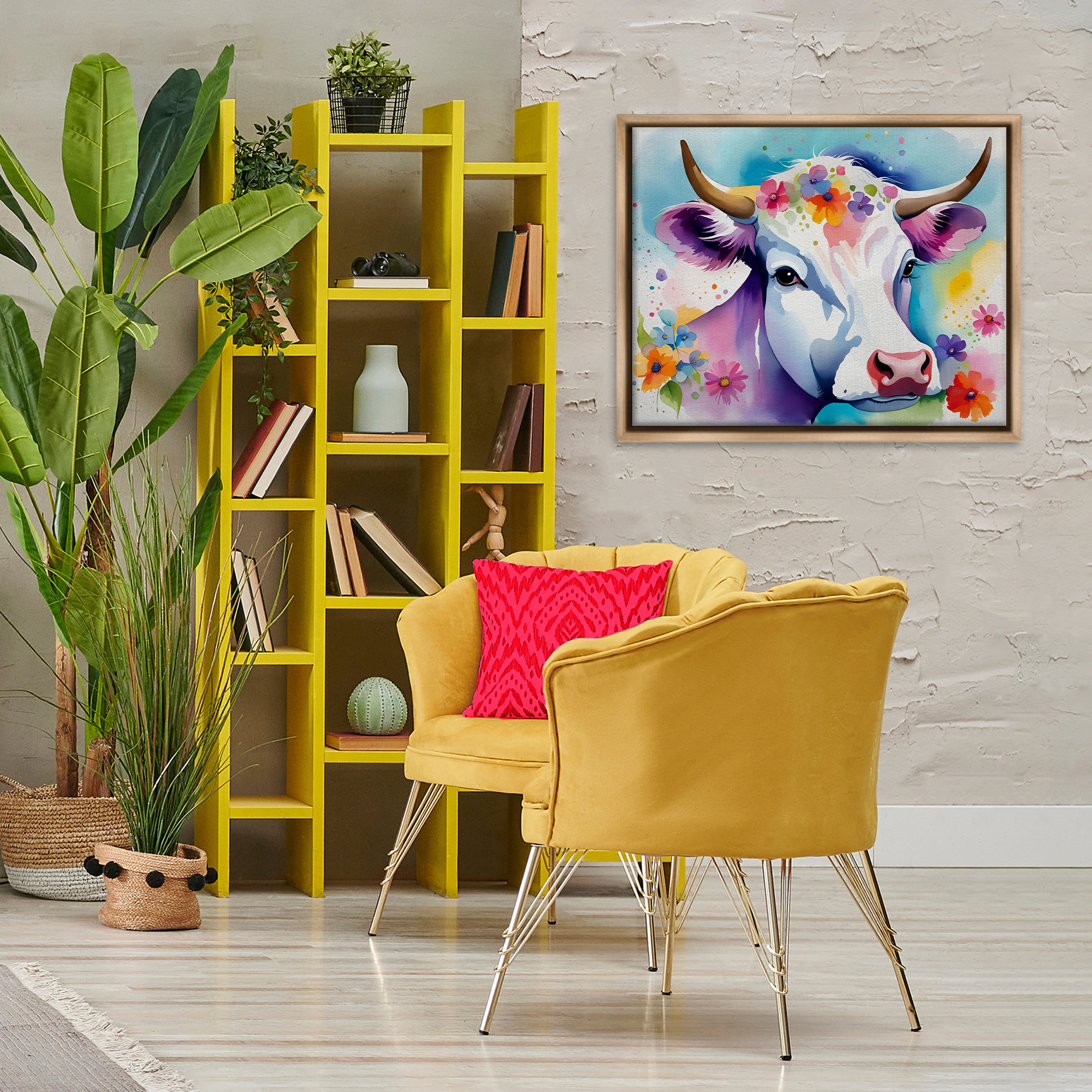 Stupell Industries Flower Speckled Cow Animals & Insects Painting Brown Floater Framed Canvas Art Print Wall Art, 31 x 25