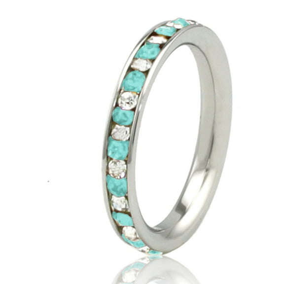 Tioneer Stainless Steel Teal Aquamarine & White Crystal Channel Eternity Stackable Ring