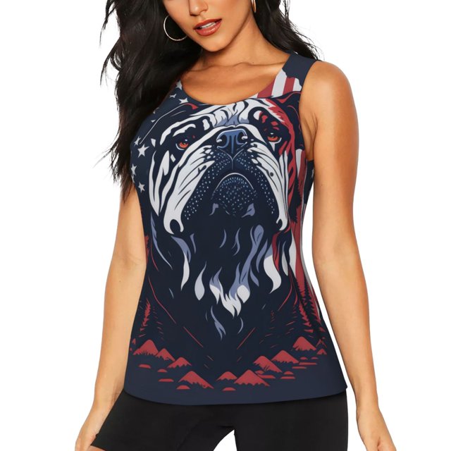 Fotbe Bulldog with Forest Flag Blusas Sin Mangas para Mujer – Estilo Casual, Corte Suelto, Slim-Fit, Cuello Redondo Deportivo, Tops de Verano para Gimnasio y Yoga-Medium