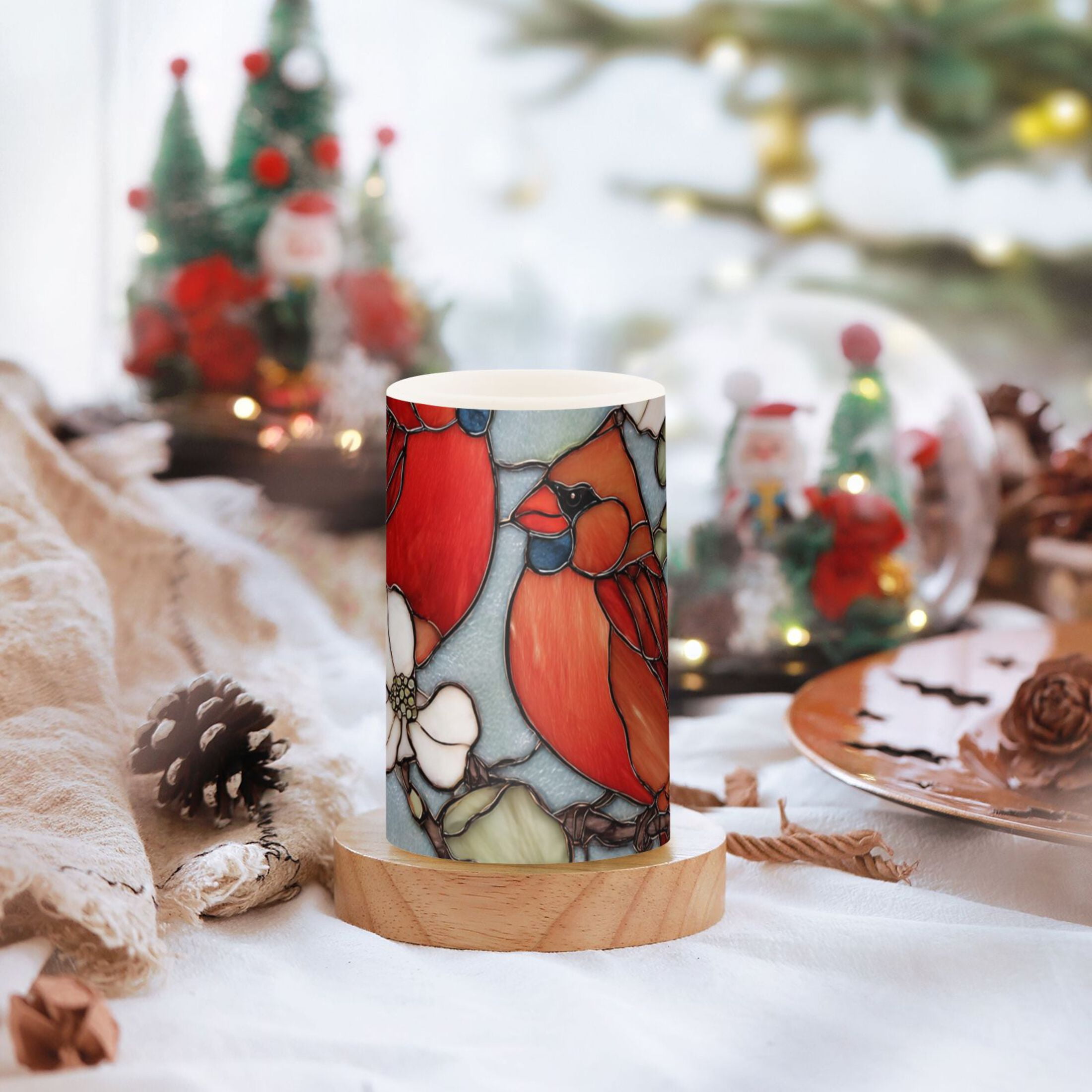 Two Cardinals Perched on A Dogwood Flower Flickering Flameless Candles Battery Operated with Remote Timer LED Pillar Candles Set of 2