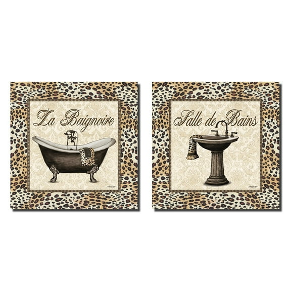 Modern Brown and Black Leopard Print Bath Tub and Sink Adult Decor; 2 - 12" x 12" Unframed Print