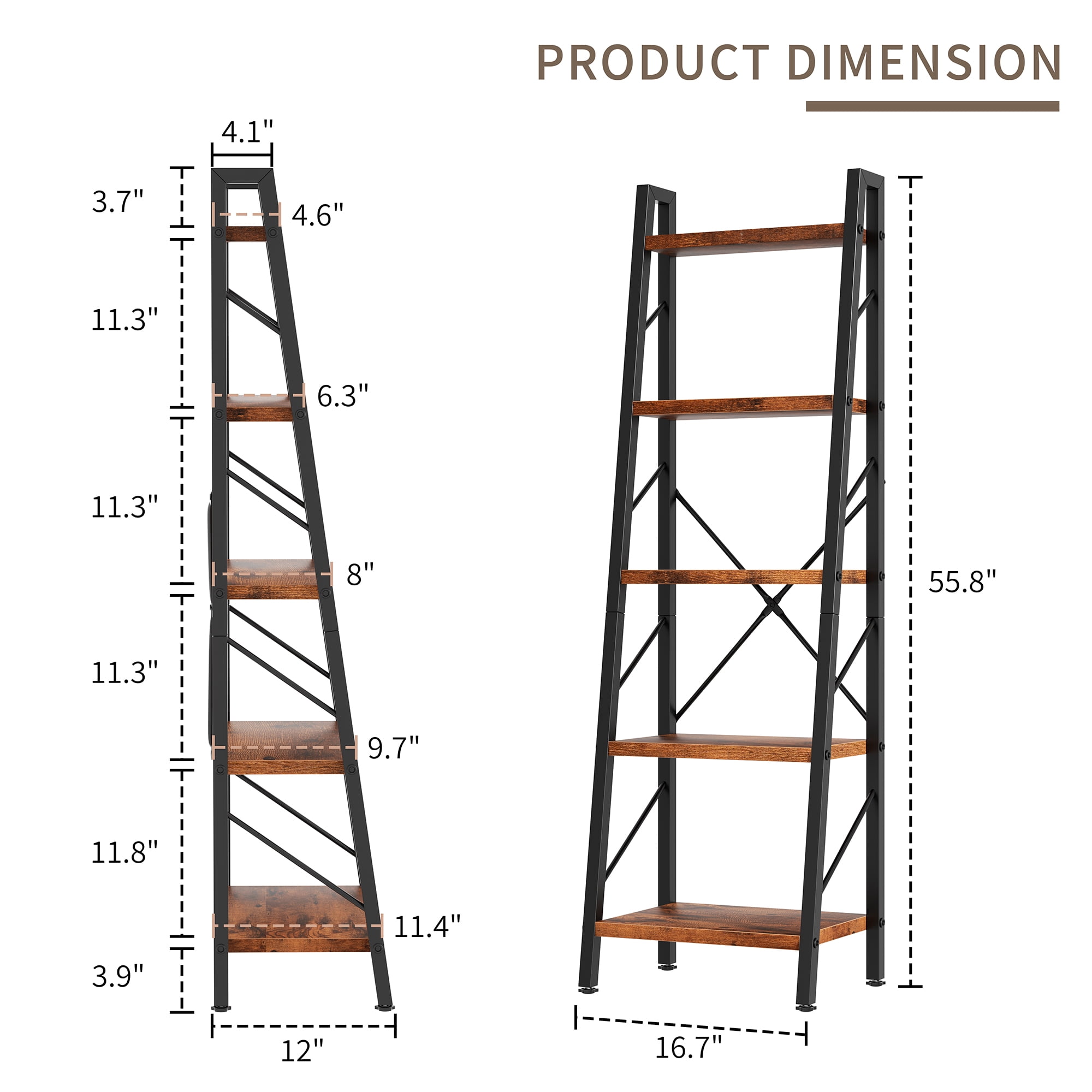 Walsunny Ladder Bookshelf Organizer, Solid Rubberwood Frame, Espresso Finish, 16.7" D x 12" W x 55.8" H
