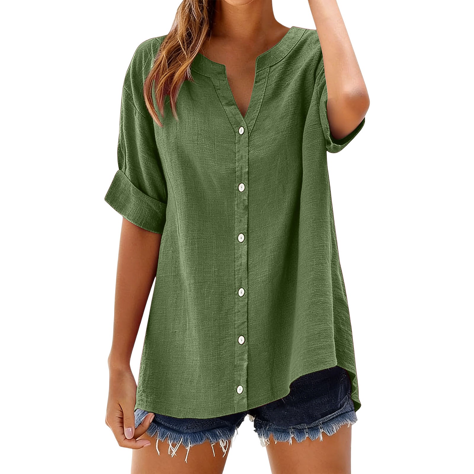 JJHGVB 3/4 Sleeve Shirts Womens Tops 3/4 Sleeve T Shirts for Women Half Sleeve Button Down Loose Fitting Tops for Women Dressy Tunic Tops linen clothes Office Blouses Blouses for Women Army Green L