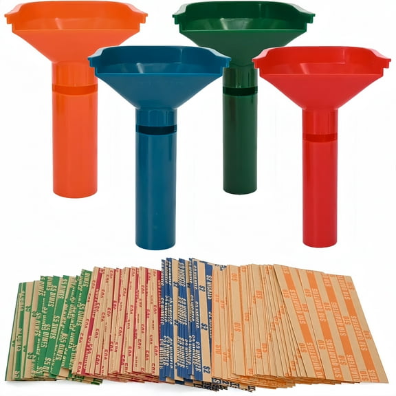 200 Assorted Flat Striped Coin Wrappers & 4 Coin Sorters Tubes, Color-Coded Coin Counters, Easy to Load