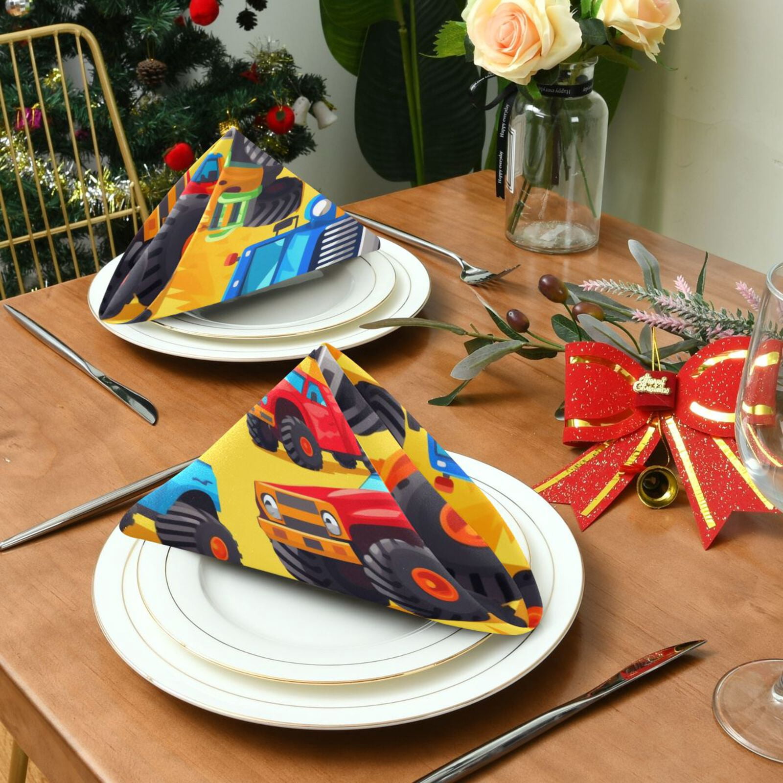 JSTEL Cartoon Trucks Cloth Napkins Set of 6, 20x20 Inch Washable and Reusable Napkin for Decoupage Dinner Party Everyday Use