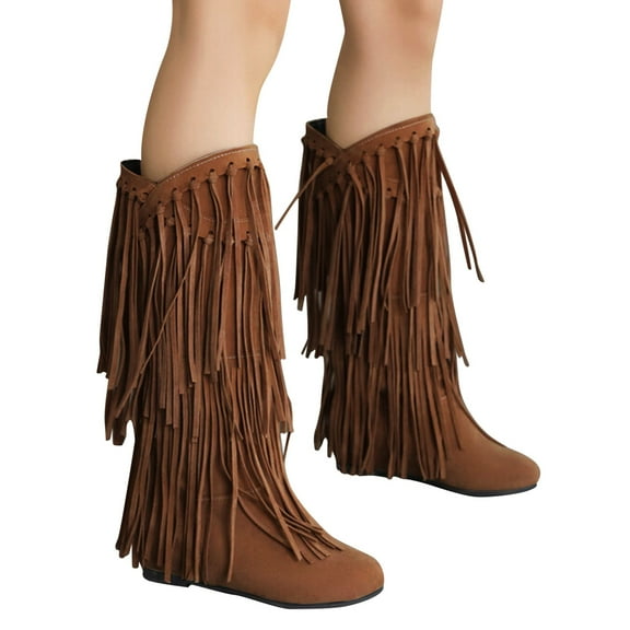Chenyee Womens Fringe Western Boots Low Heel Fashion Tassle Suede Knee High Booties