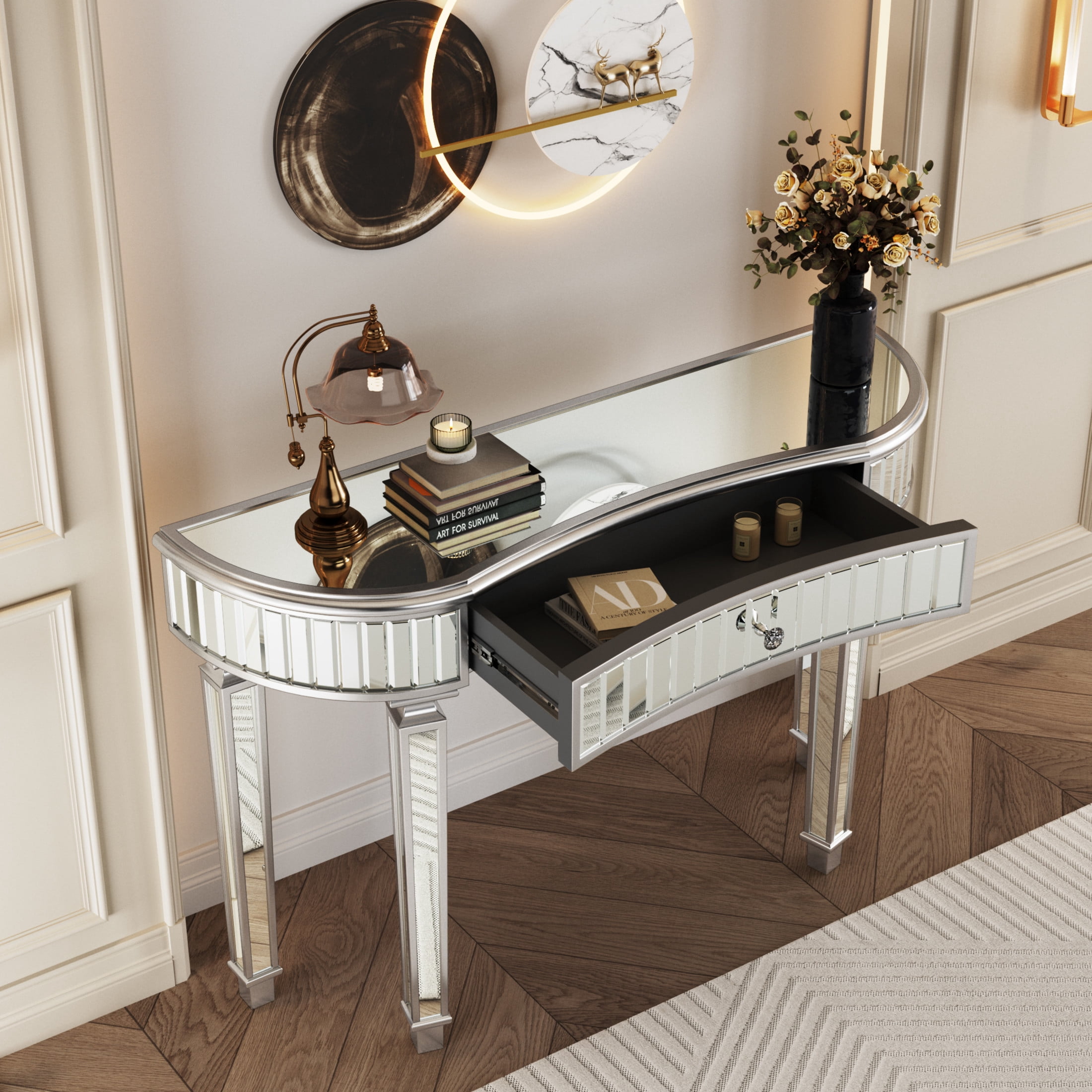 Noble House Half-Moon Mirrored Console Table with Fluted Glass & Crystal Knob Drawer - Silver Entryway Vanity Desk for Bedroom Dressing Room, Grey+Silver