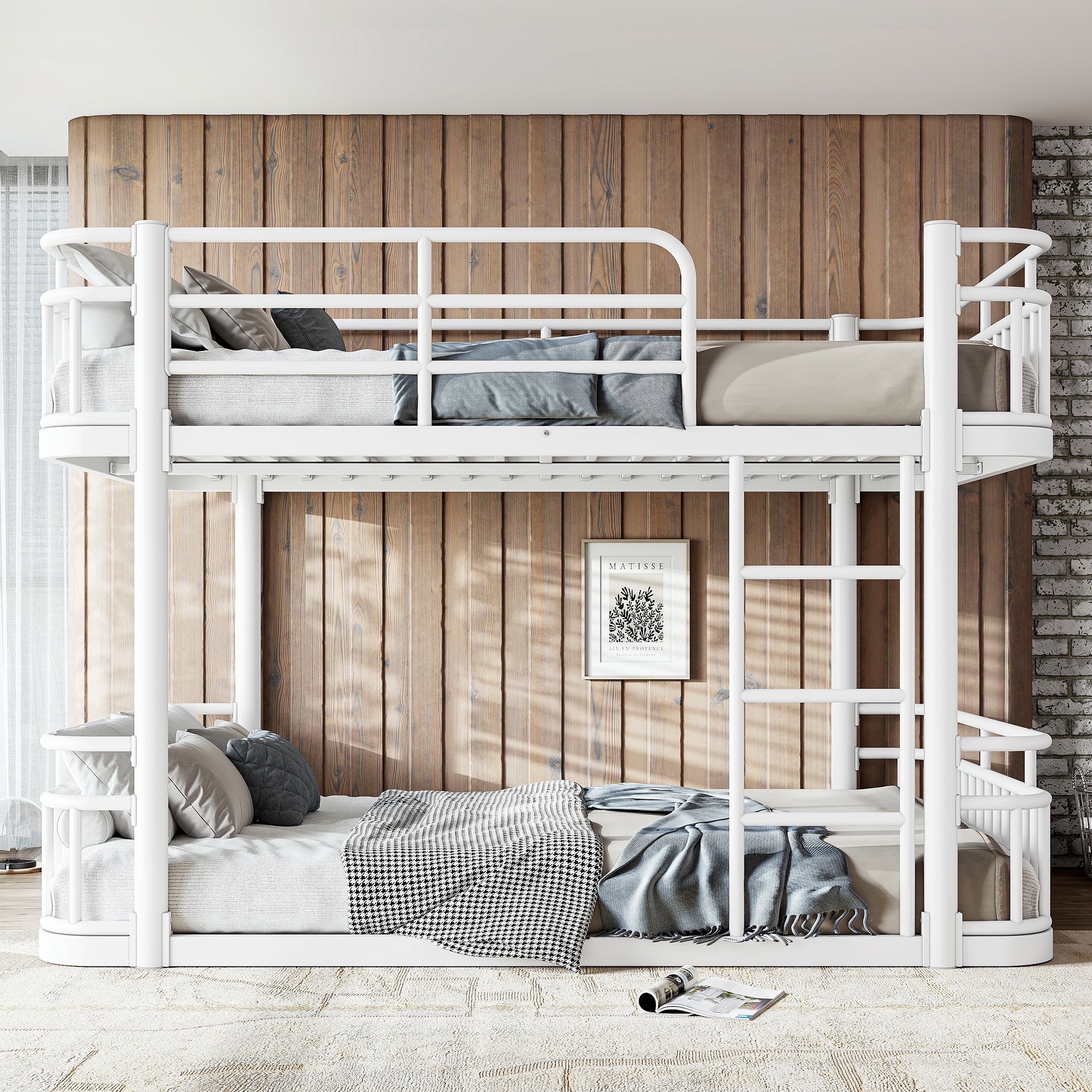 Leumius Full over Full Bunk Bed Frame with Ladders & Guardrails, Upgraded Round-Pipe Metal Frame, Stylish & Versatile for Any Room,White