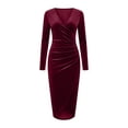 thumbnail image 6 of Karymi Dresses for Women Solid Velvet Long Sleeve Dress, Wrap V Neck Ruched Waist Bodycon Midi Dresses with Irregular Split Hem for Evening Holiday Party, 6 of 6