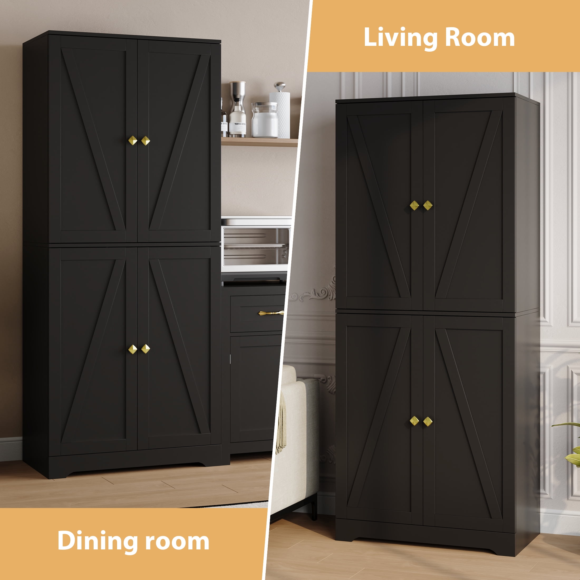 YouTrend 72'' Farmhouse Kitchen Pantry Cabinet with 4 Barn Doors,Storage Cabinet W/ 4 Shelves for Living Room,Kitchen,Bathroom,Office,Black