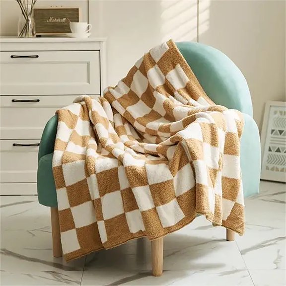 PacificPlex Plush Reversible Soft Preppy Checkerboard Throw Blanket, 50 x 60, Camel