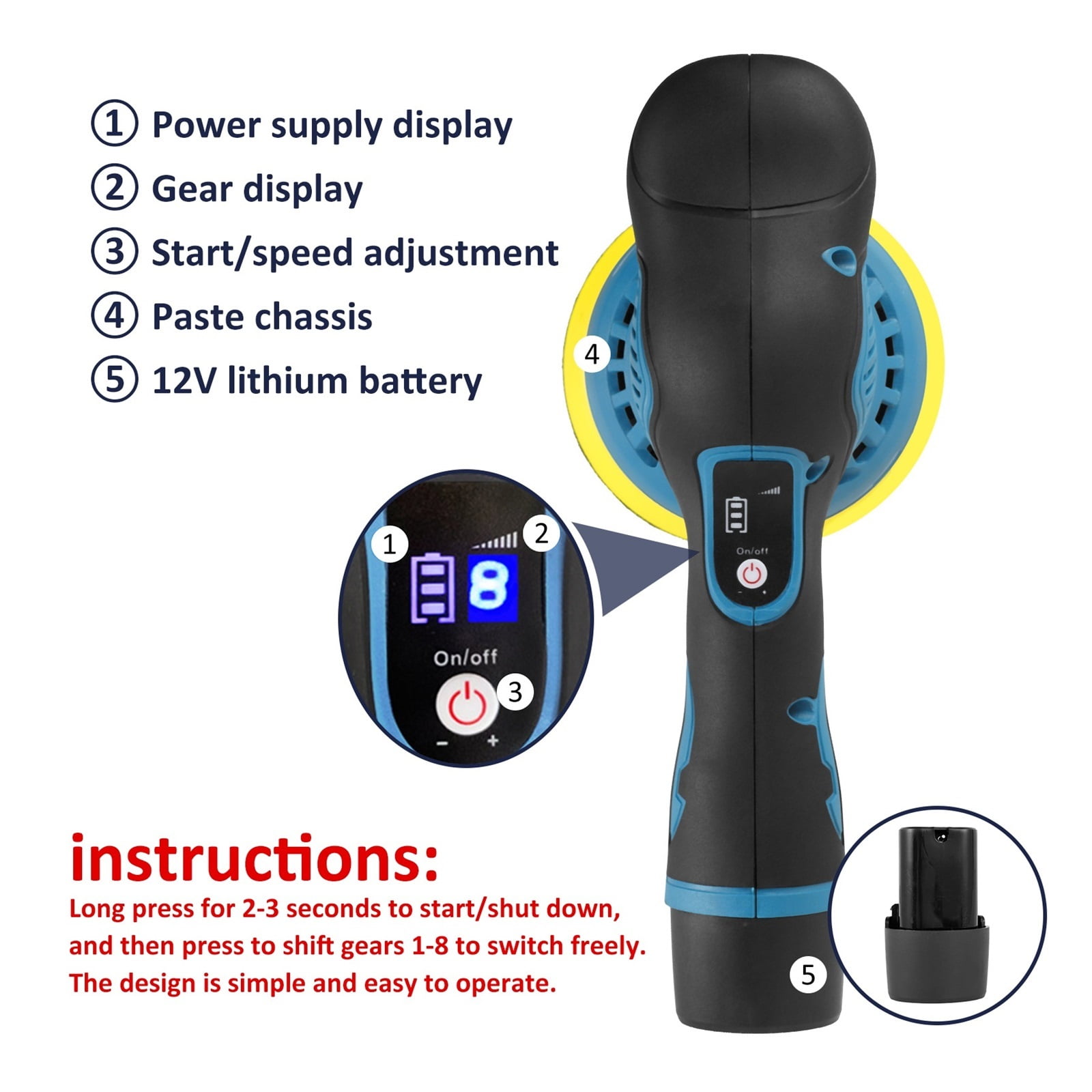 Buffer Polisher 12V Cordless Battery Powered Electric Polishing Machine With 8 Adjustable Speed Rechargeable Hand-held