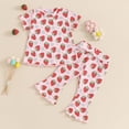 thumbnail image 5 of Douhoow Toddler Girl Summer Ribbed Floral Outfits Baby Ruffle Short Sleeve Strawberry T-Shirt Tee Elastic Waist Flare Pants Set, 5 of 9