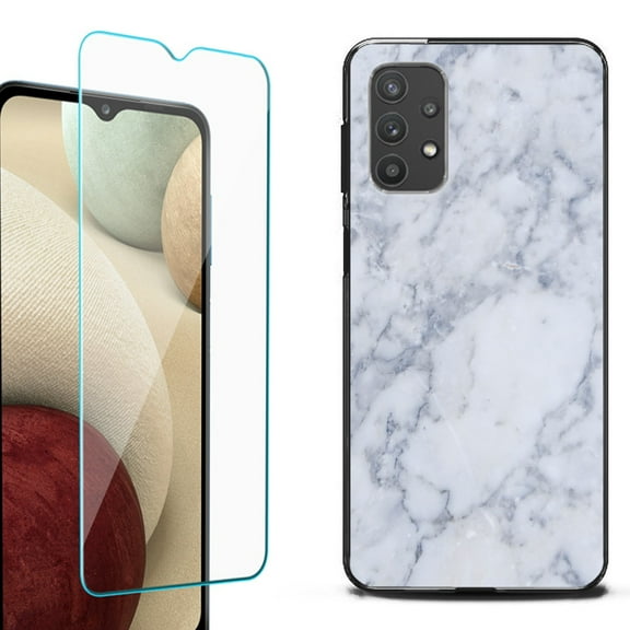 Slim-Fit Flexible TPU Gel Phone Case (black) for Samsung Galaxy A32 5G, with Tempered Glass Screen Protector, by OneToughShield ® - Marble / Clouds