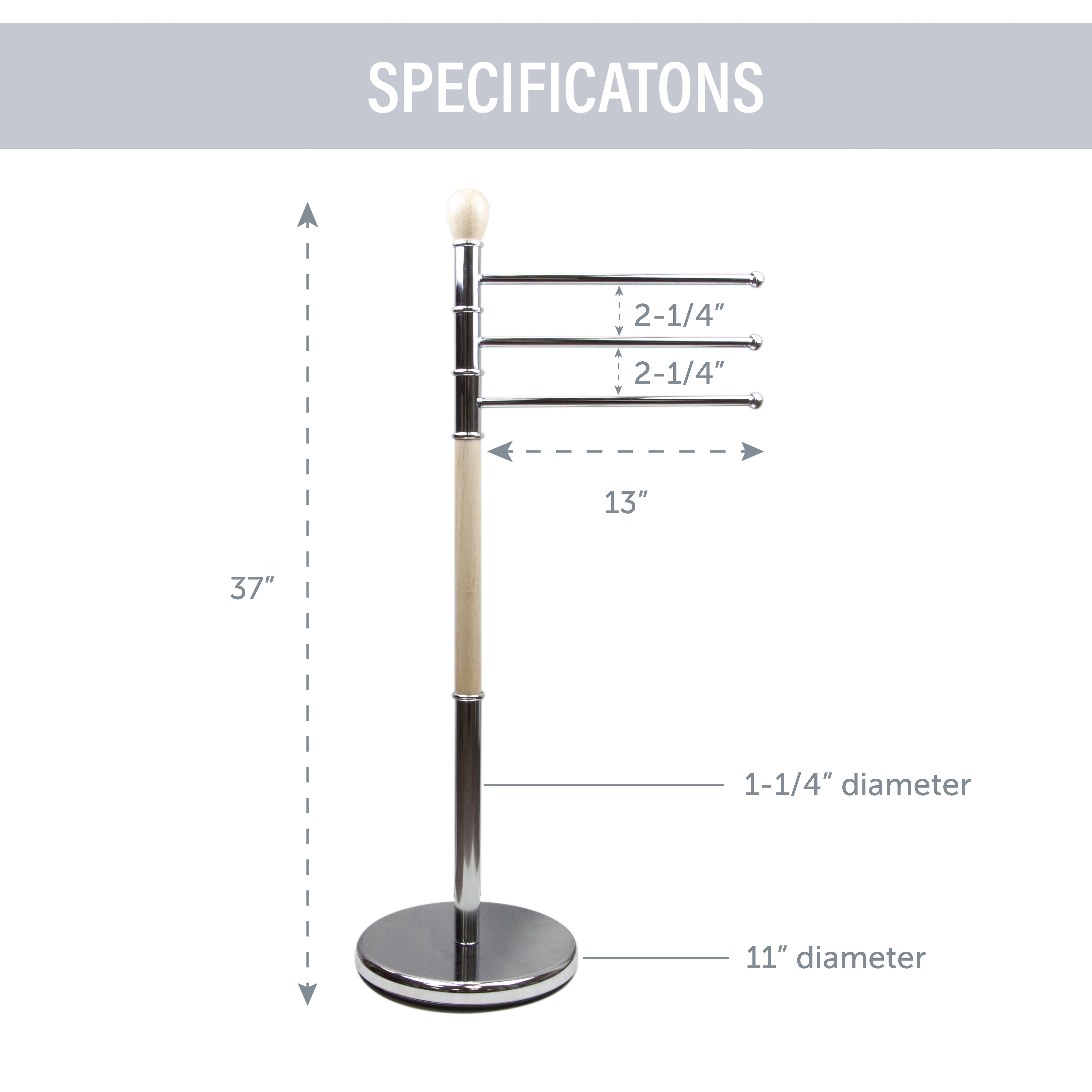 Central Design Products Free-standing 3 Prong Hand 11" Towel Holders, Silver and Beige