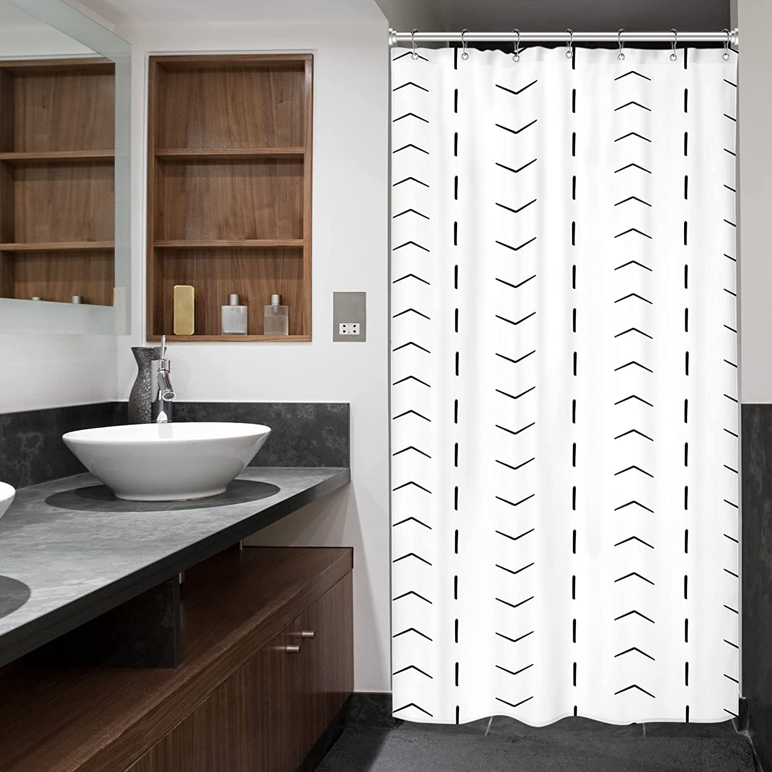 Black White Stall Small Boho Bohemian Dorm Shower Curtain Liner Half Little Size 36x72 Inch Single Narrow Tiny Walkin Rv Stand Up Camper Geometric Chevron Striped Herringbone Bathroom Decor