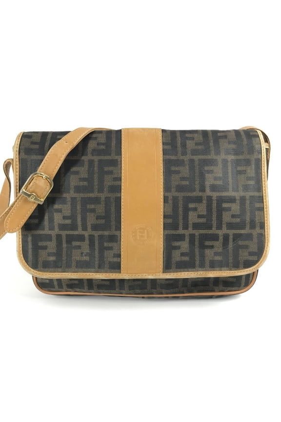 Pre-Owned FENDI Zucca Logo Flap Shoulder Bag in PVC/Leather, Unisex, Brown (Fair)