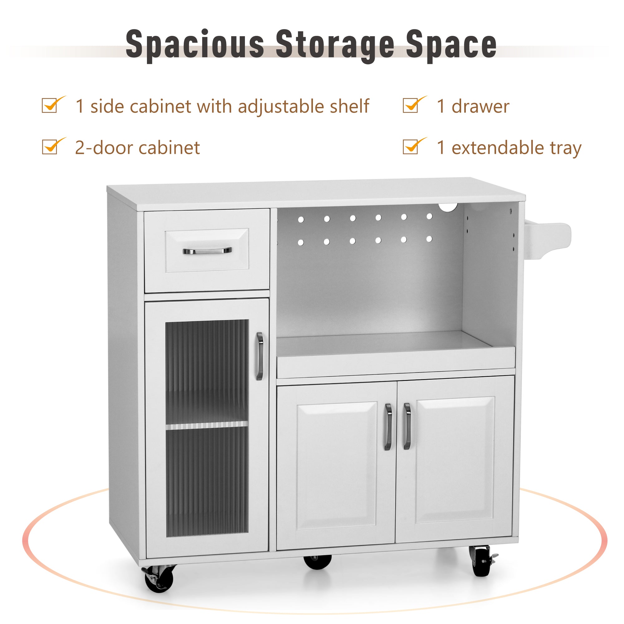 Sophia & William Kitchen Island Cart on Wheels with Extendable Tray, Adjustable Shelf and Glass Door-White
