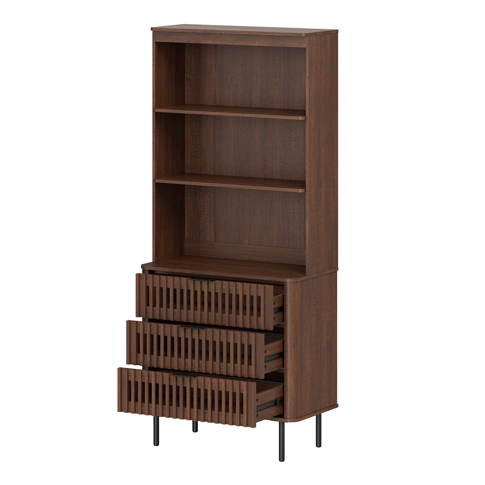 72.8" Tall Kitchen Pantry Storage Cabinet with Large Drawers, Modern Fluted Kitchen Cabinet, Adjustable Shelf, Cable Management, 3 Tier Freestanding Cupboard for Dinning Room, Walnut