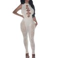 thumbnail image 1 of Gureui Women Bodycon One Piece Jumpsuits Sexy Sleeveless Mesh See Through Rhinestone Floral Crew Neck Hollow Out Front Jacquard Long Rompers Playsuits, 1 of 3