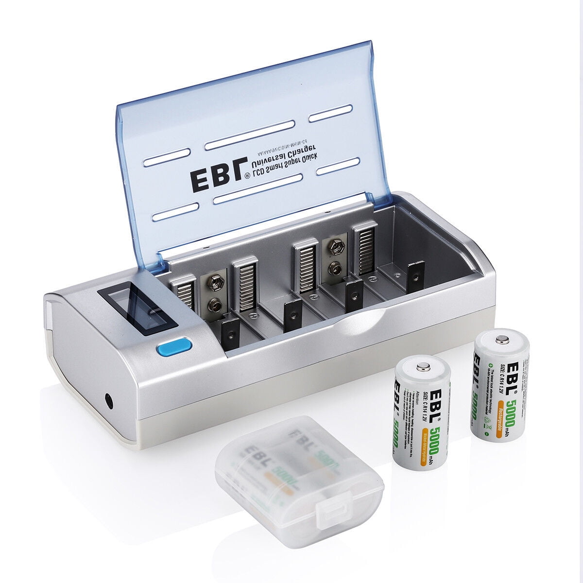 EBL 2Pack 5000mAh Size C Rechargeable Batteries + LCD Battery Charger
