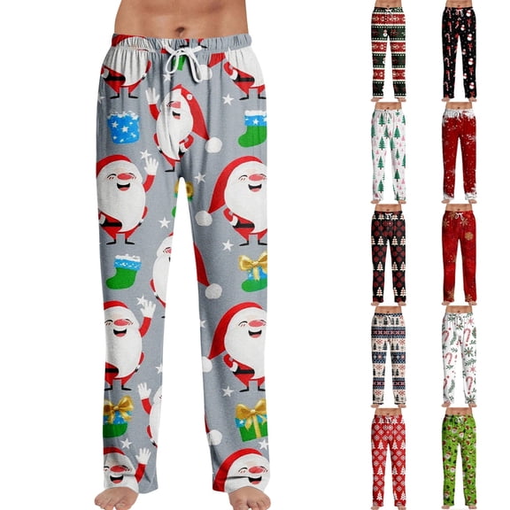 Garbnen Christmas Pajama Pants Men Snowman Printed Wide Leg Mens' Lounge Pants Big and Tall Fall Winter Funny Merry Xmas Print Cozy Sleep Pants Men