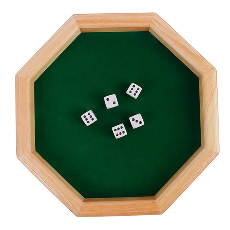 Large 12" Wooden Octagonal Dice Tray with Plush Green Felt Lining 