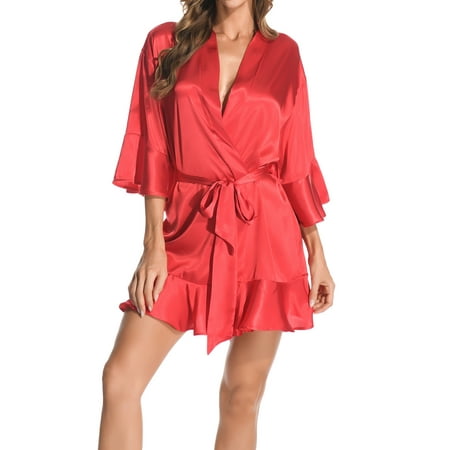 

Women s Satin Robes 3/4 Sleeve Ruffle Hem Kimono Robe Silk Bridesmaid Robe Lingerie Sleepwear