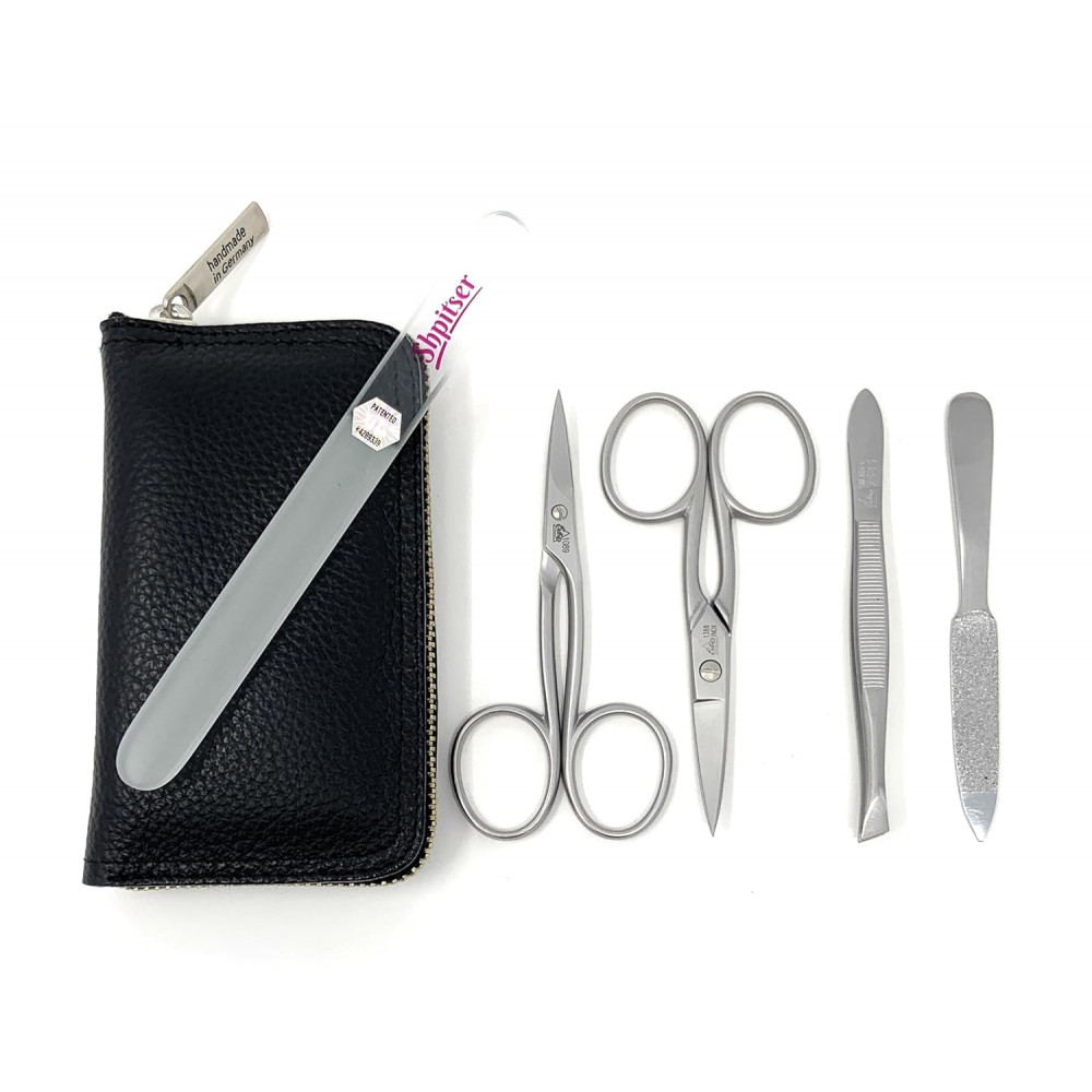 Shpitser Solingen 4 pcs Surgical Stainless Steel German Manicure Set Grooming Kit In Luxury Genuine Leather Case Made in Solingen Germany With BONUS: SHPITSER Crystal glass Nail File