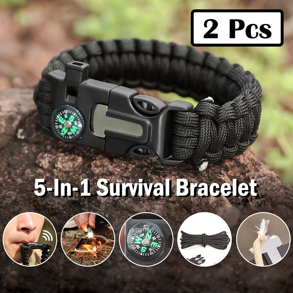 teleskop entusiastisk Kedelig 5 in 1 Paracord Survival Bracelets, Emergency Sports Wristband Gear kit  with Compress Fire Starter，Loud Whistle, Umbrella Rope Bracelet for Hiking,  Camping, Fishing and Hunting - Walmart.com