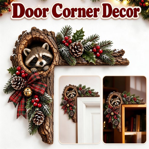Velmasee Door Corner Decor, Christmas Woodland Animal Tree Hollow Door Frame Corner Decor, Wooden Festive Design No-Drill Mount, Holiday Ornament for Xmas Home Door Frame Wall Party Decor