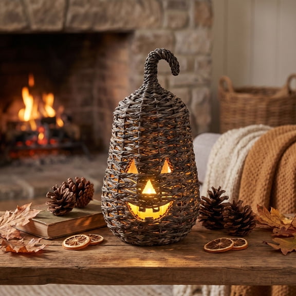 Rattan Halloween Pumpkin Lantern Decor, Handwoven Jack-O’-Lantern Light, Rustic Wicker Pumpkin Lamp for Indoor Outdoor Halloween Party Porch Table Fireplace Farmhouse Decor