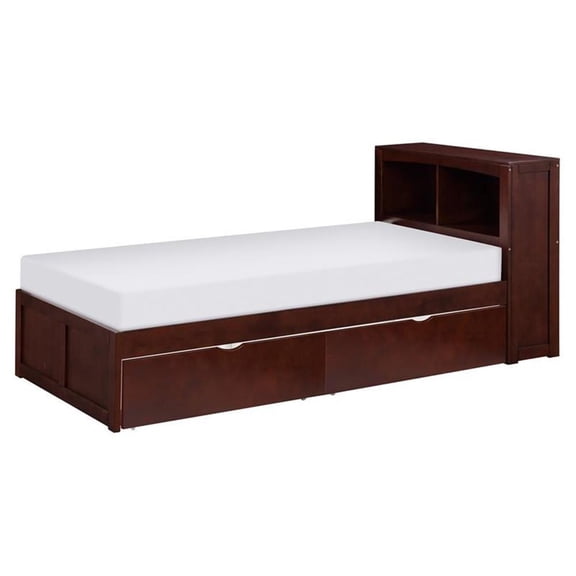 Pemberly Row Transitional Wood Twin Bookcase Bed with Boxes in Dark Cherry