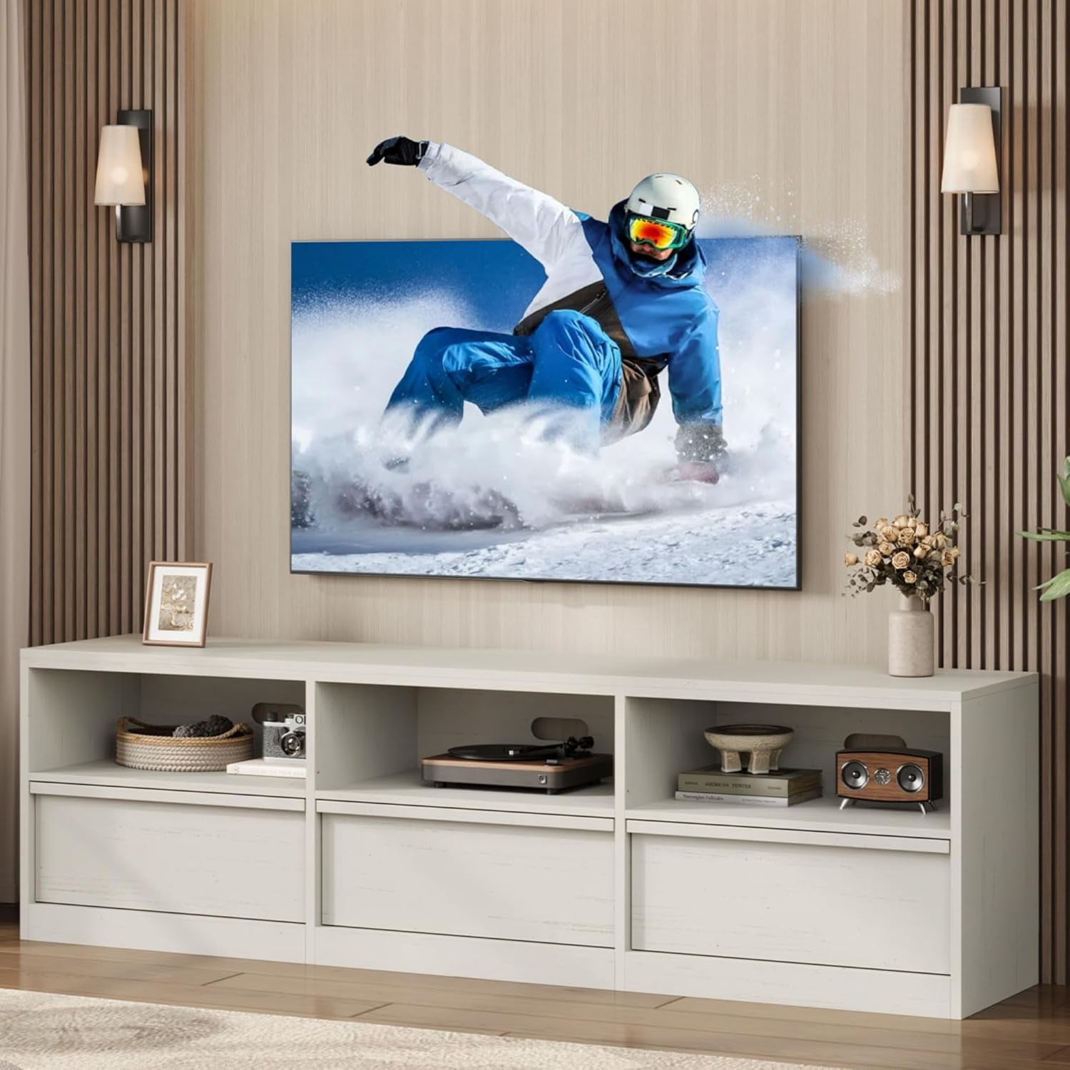 Garvee 70" TV Stand for TVs up to 85", Mid Century Modern Entertainment Center with Drawer, Open Shelves & Cable Management, White