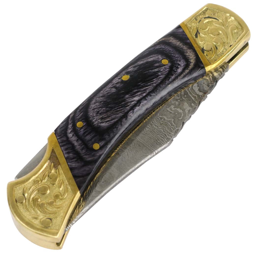 TheBoneEdge 9' Hand Made Damascus Blade Folding Knife Pakkawood Handle Black New